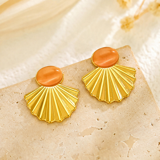 Gold Shell Statement Earrings with Orange Stone