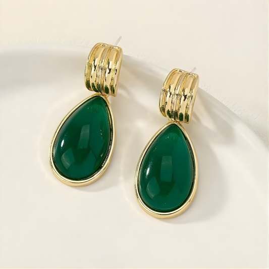 Gold Green Teardrop Stone Earrings