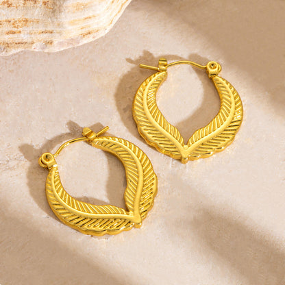 Textured Leaf Gold Hoop Earrings