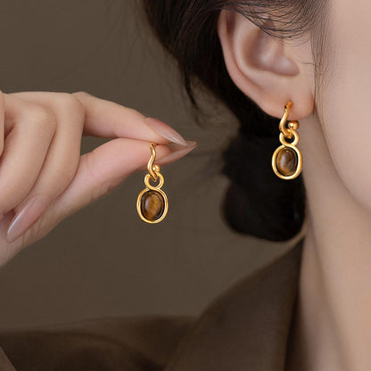 Gold Oval Amber Stone Drop Earrings