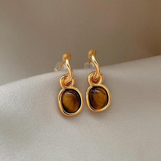 Gold Oval Amber Stone Drop Earrings