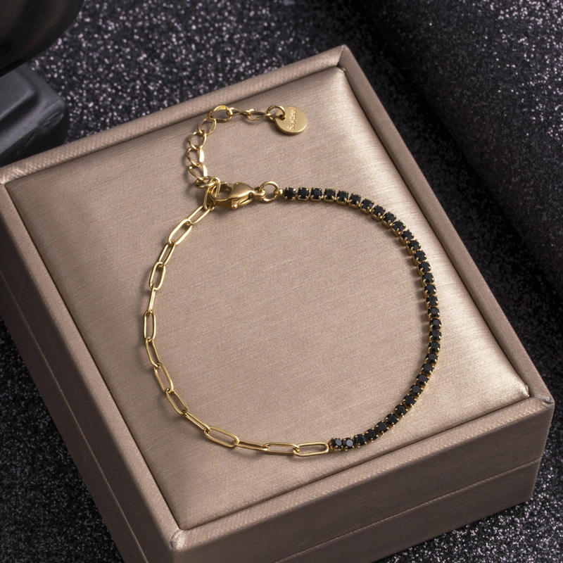 Gold Half Crystal Link Chain Bracelet