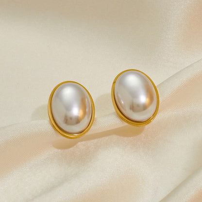 Gold Oval Pearl Stud Earrings