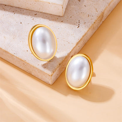 Gold Oval Pearl Stud Earrings