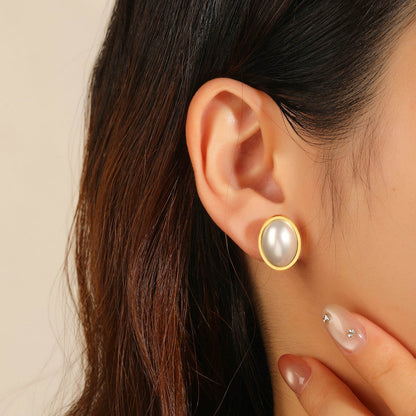 Gold Oval Pearl Stud Earrings