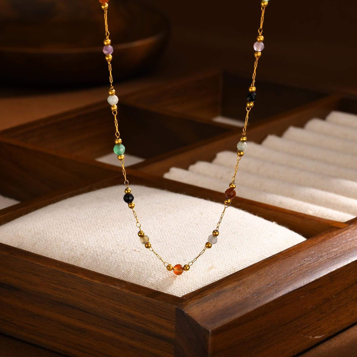 Gold Multi Color Beaded Chain Necklace