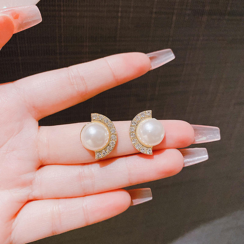 Gold Pearl Crystal Half Moon Stud Earrings