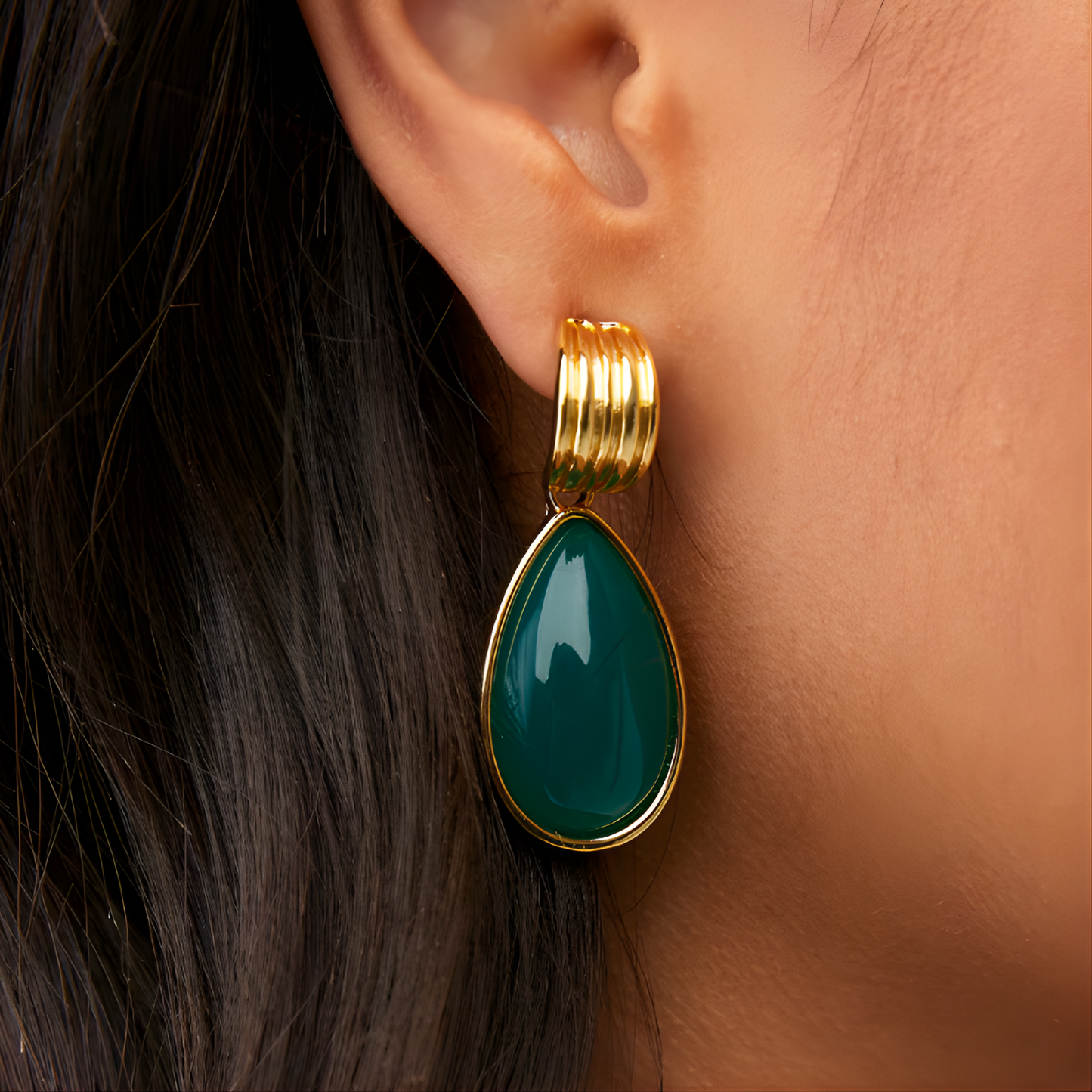 Gold Green Teardrop Stone Earrings