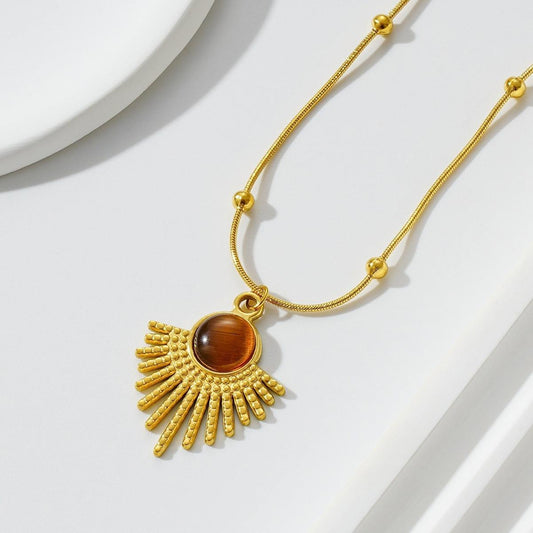 Gold Sunburst Stone Pendant Necklace