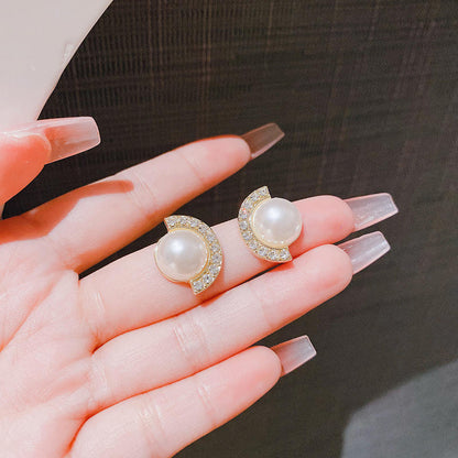 Gold Pearl Crystal Half Moon Stud Earrings