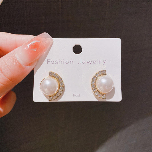 Gold Pearl Crystal Half Moon Stud Earrings