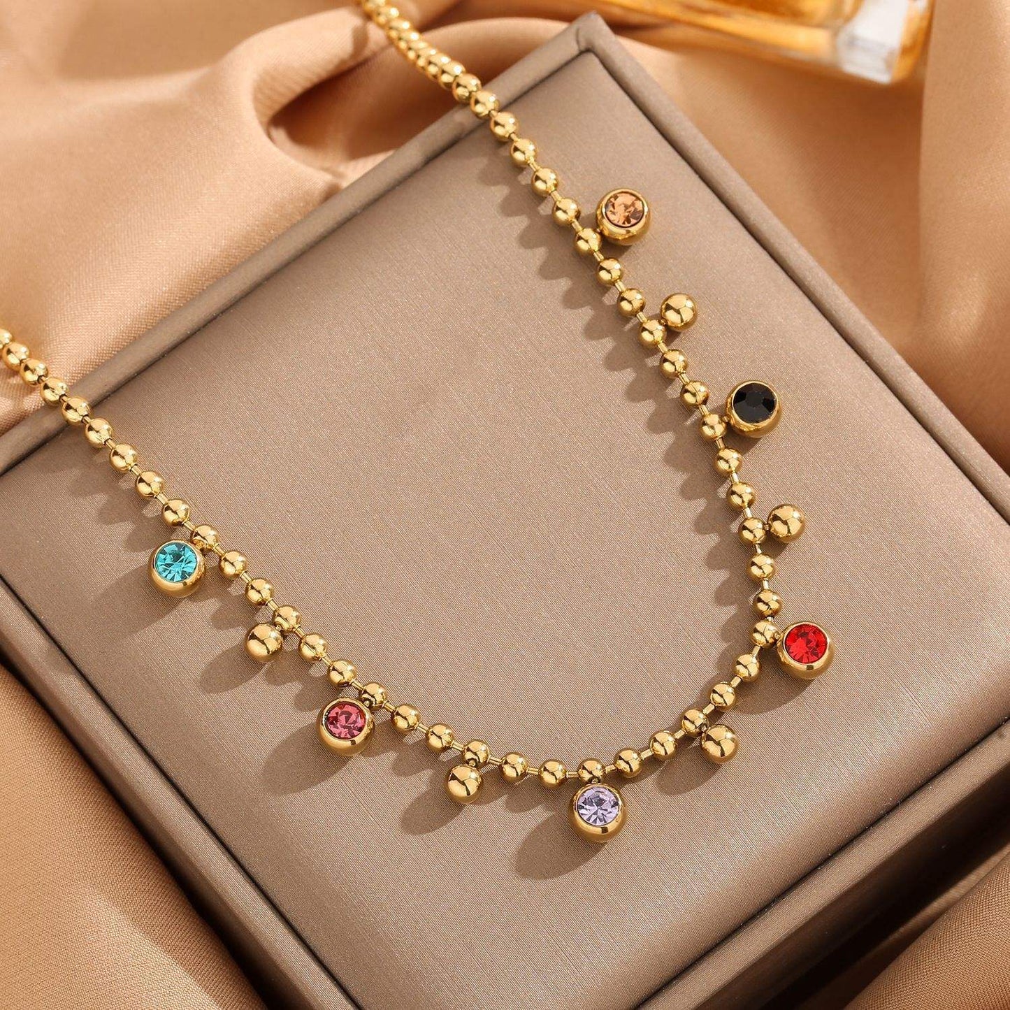 Multi-Color Stone Beaded Gold Necklace