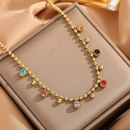 Multi-Color Stone Beaded Gold Necklace