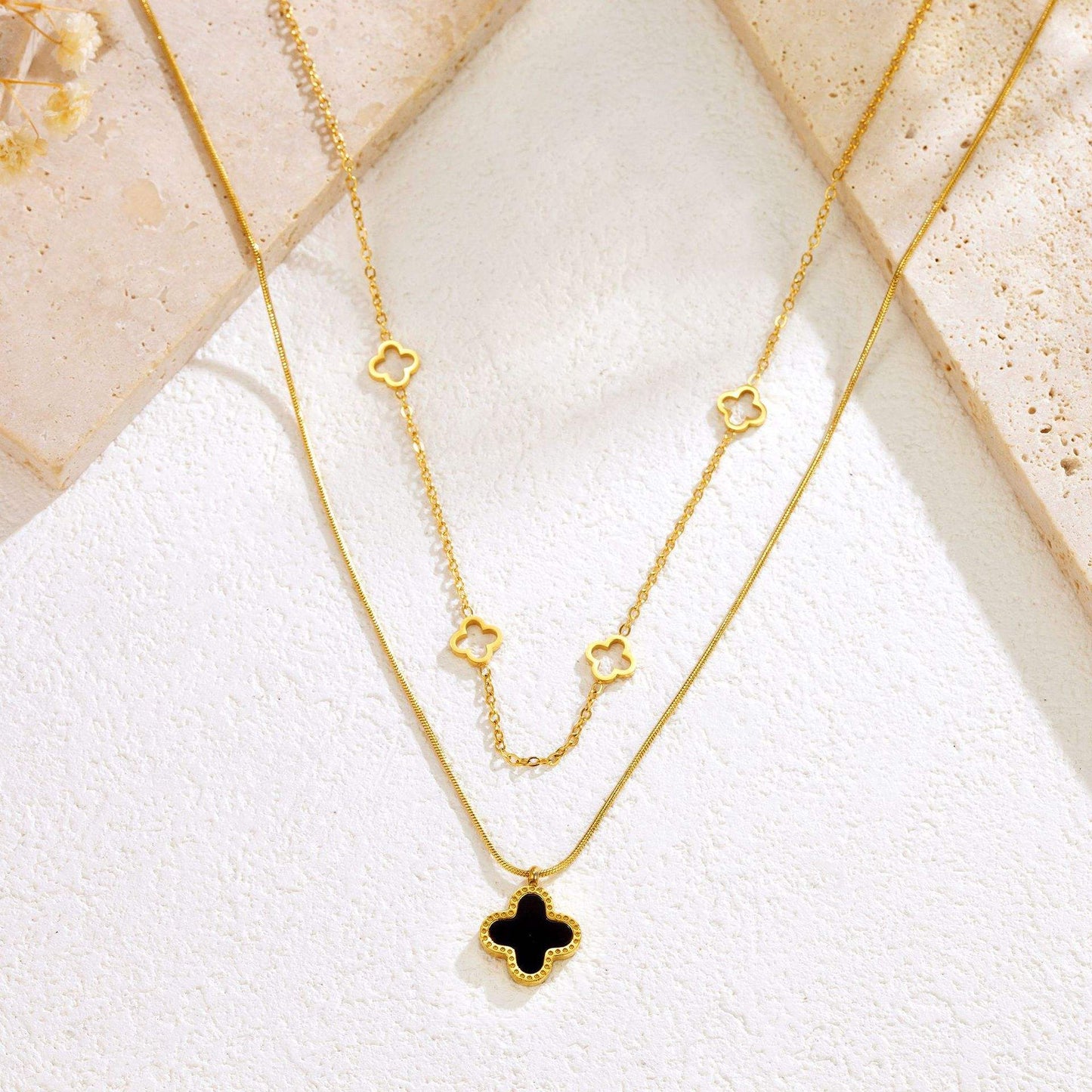 Layered Clover Charm Gold Necklace