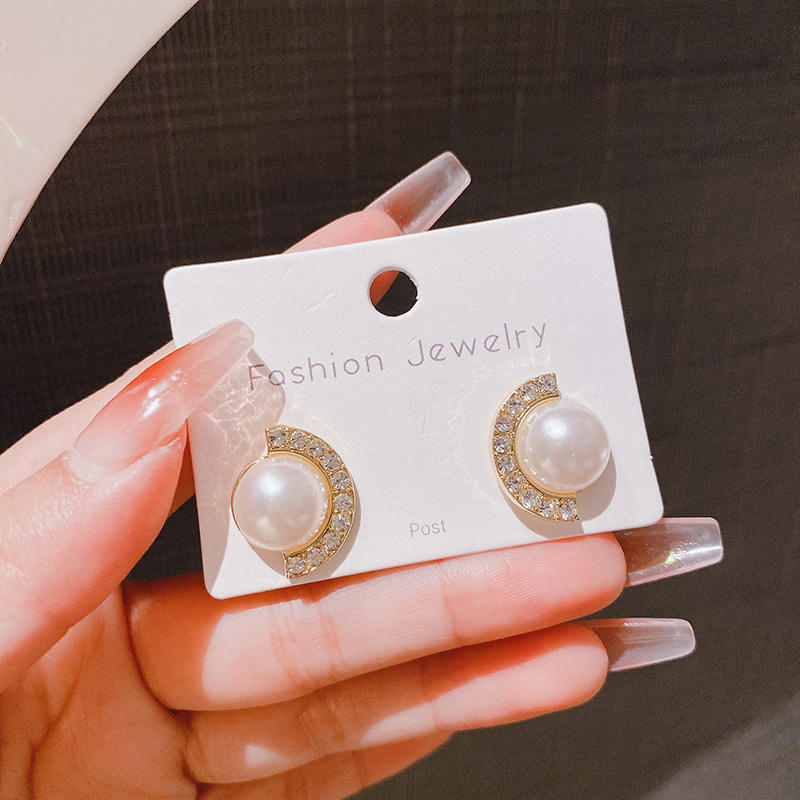 Gold Pearl Crystal Half Moon Stud Earrings