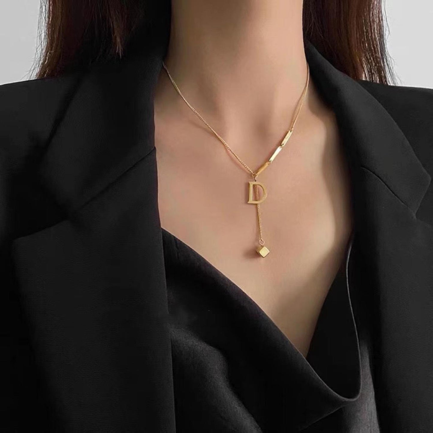 Gold Initial D Pendant Drop Necklace