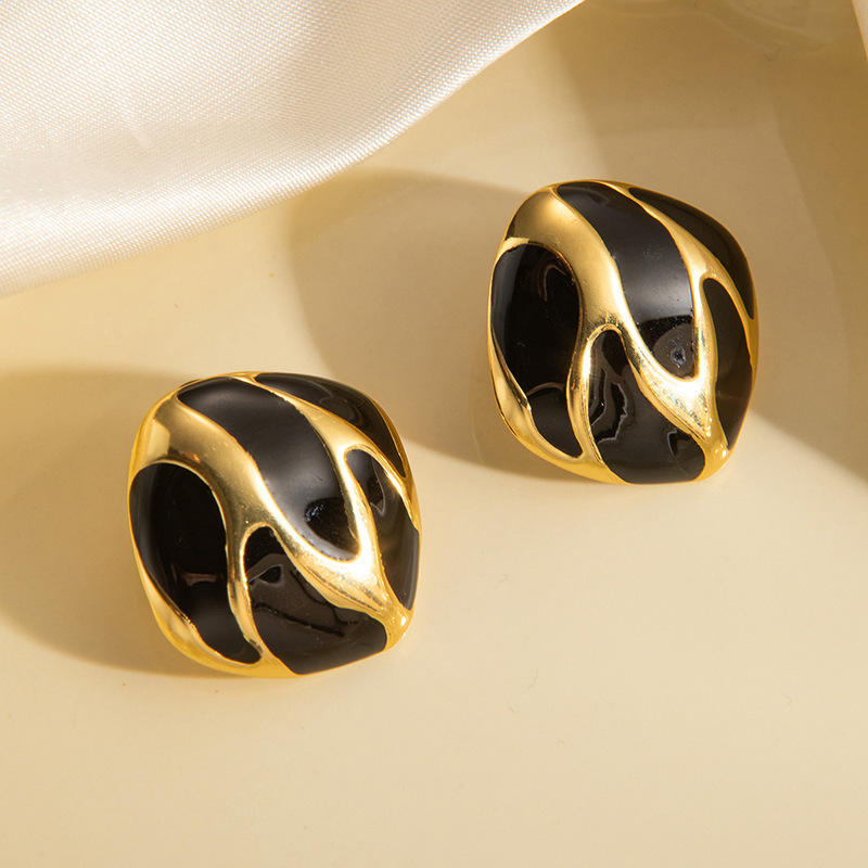 Black Enamel Gold Statement Stud Earrings