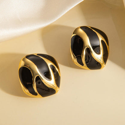 Black Enamel Gold Statement Stud Earrings
