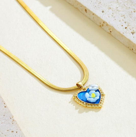 Blue Heart Floral Pendant Necklace