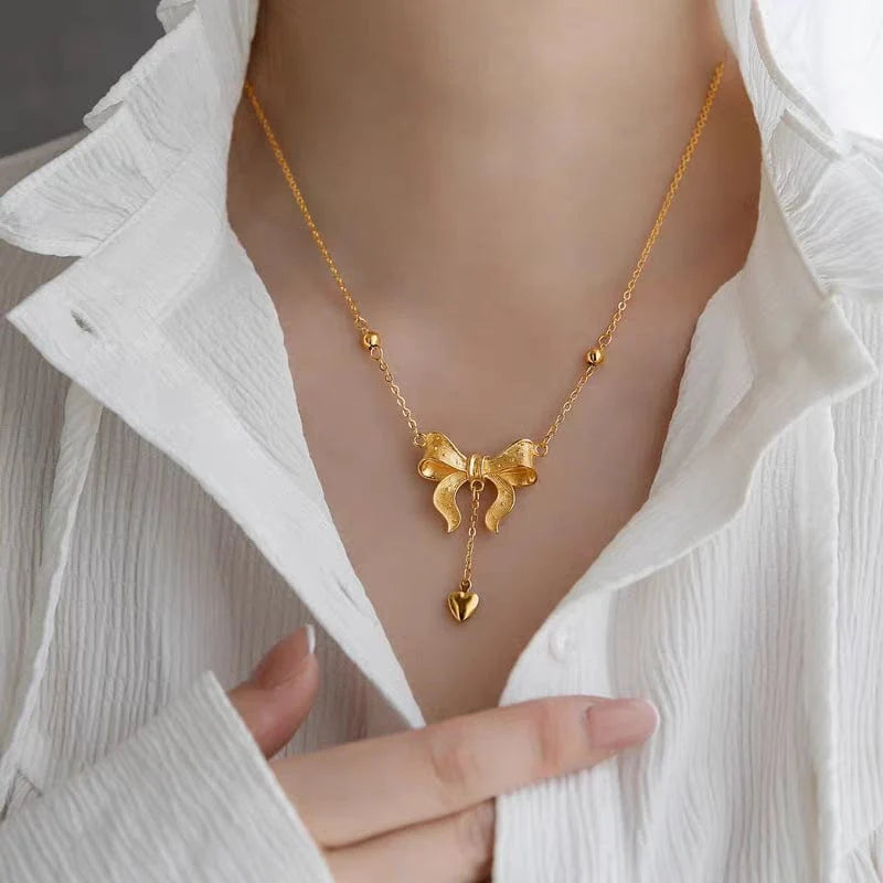 Bow Knot Heart Tassel Necklace - BlingVows - Best Imitation & Anti Tarnish Jewelry Wholesaler