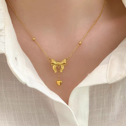 Bow Knot Heart Tassel Necklace - BlingVows - Best Imitation & Anti Tarnish Jewelry Wholesaler