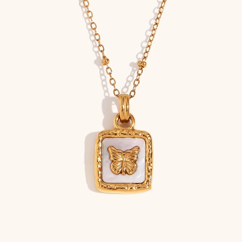 Butterfly Studded In Shell Square Necklace - BlingVows - Best Imitation & Anti Tarnish Jewelry Wholesaler