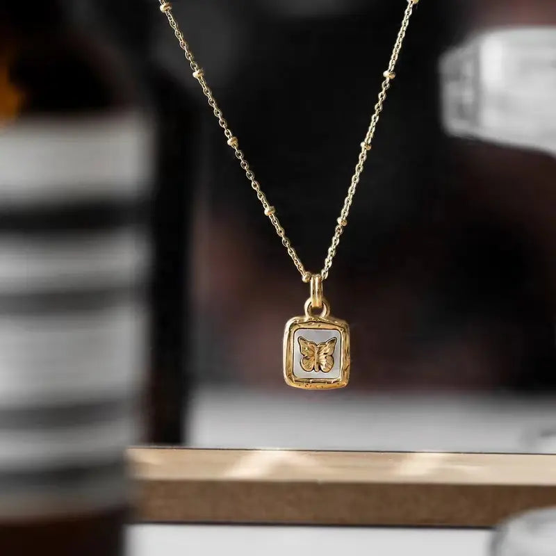 Butterfly Studded In Shell Square Necklace - BlingVows - Best Imitation & Anti Tarnish Jewelry Wholesaler