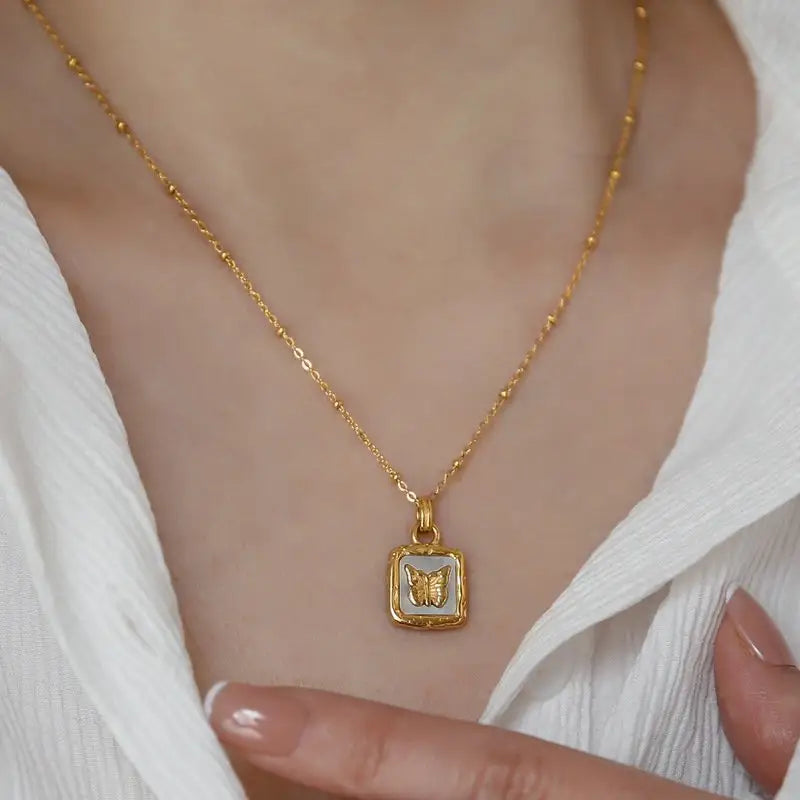 Butterfly Studded In Shell Square Necklace - BlingVows - Best Imitation & Anti Tarnish Jewelry Wholesaler