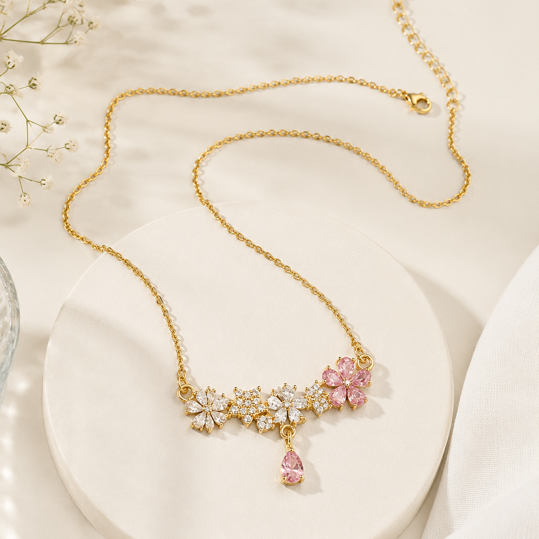Pink Floral CZ Pendant Necklace