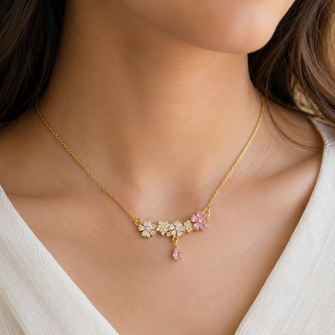 Pink Floral CZ Pendant Necklace
