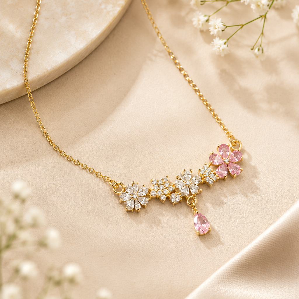 Pink Floral CZ Pendant Necklace