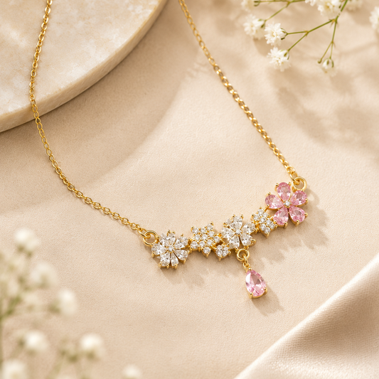 Pink Floral CZ Pendant Necklace