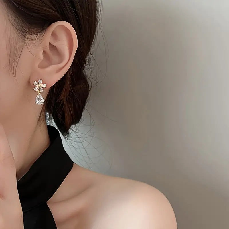 Crystal Bloom Teardrop Dangler Earrings - BlingVows - Best Imitation & Anti Tarnish Jewelry Wholesaler