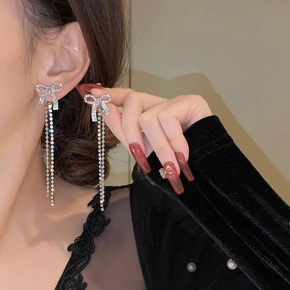 Crystal Bow Tassel Earrings - BlingVows - Best Imitation & Anti Tarnish Jewelry Wholesaler