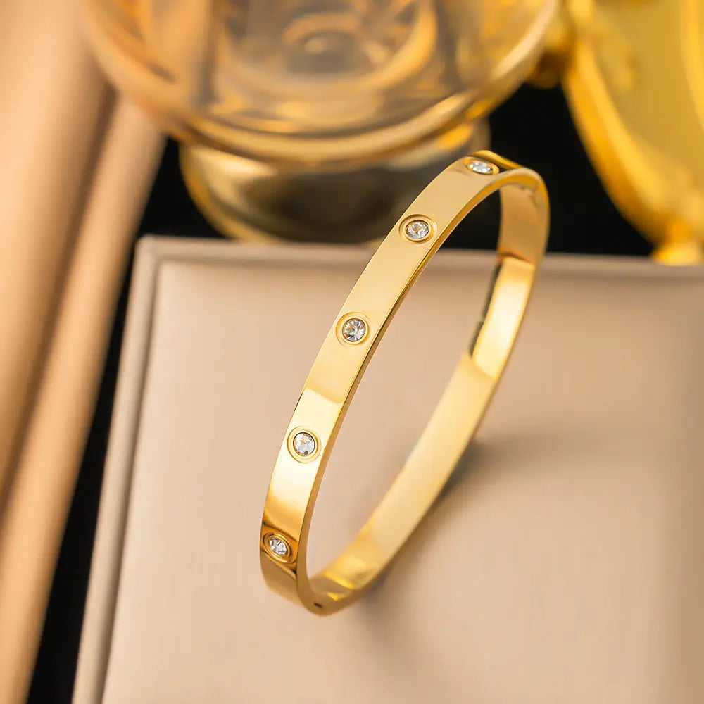 Crystal Studded Gold-Tone Hinged Bangle - BlingVows - Best Imitation & Anti Tarnish Jewelry Wholesaler