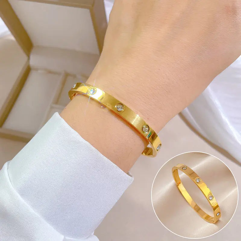 Crystal Studded Gold-Tone Hinged Bangle - BlingVows - Best Imitation & Anti Tarnish Jewelry Wholesaler