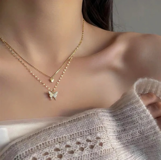 Double Layers Zircon Butterfly Pendant Necklace - BlingVows - Best Imitation & Anti Tarnish Jewelry Wholesaler