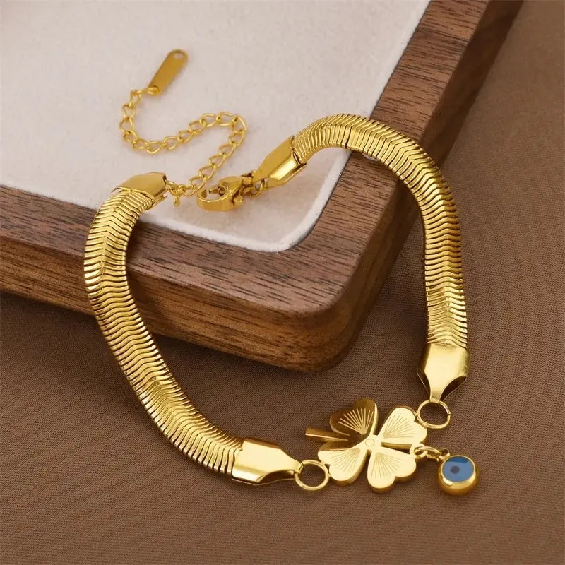 Evil's Eye Leaf Charm Snake Chain Bracelet - BlingVows - Best Imitation & Anti Tarnish Jewelry Wholesaler