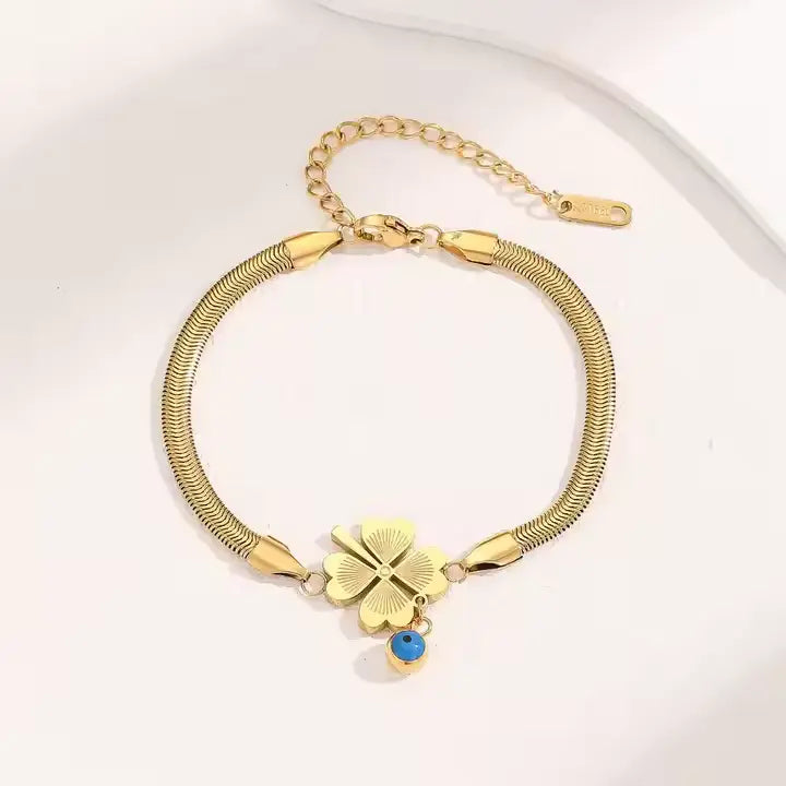 Evil's Eye Leaf Charm Snake Chain Bracelet - BlingVows - Best Imitation & Anti Tarnish Jewelry Wholesaler