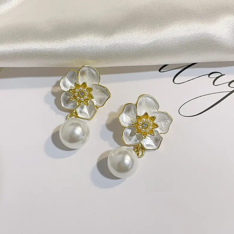 Floral Enamel Pearl Drop Earrings - BlingVows - Best Imitation & Anti Tarnish Jewelry Wholesaler