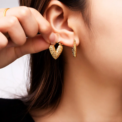 Gold Heart Shaped Hammer Pattern Hoop Earrings - BlingVows - Best Imitation & Anti Tarnish Jewelry Wholesaler