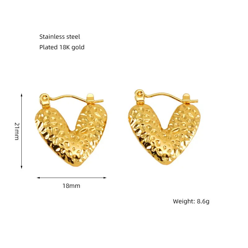 Gold Heart Shaped Hammer Pattern Hoop Earrings - BlingVows - Best Imitation & Anti Tarnish Jewelry Wholesaler