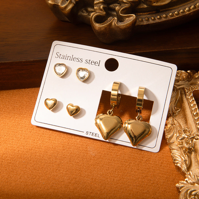 Golden Heart Trio Earring Combo Set – Anti-Tarnish Stainless Steel - BlingVows - Best Imitation & Anti Tarnish Jewelry Wholesaler