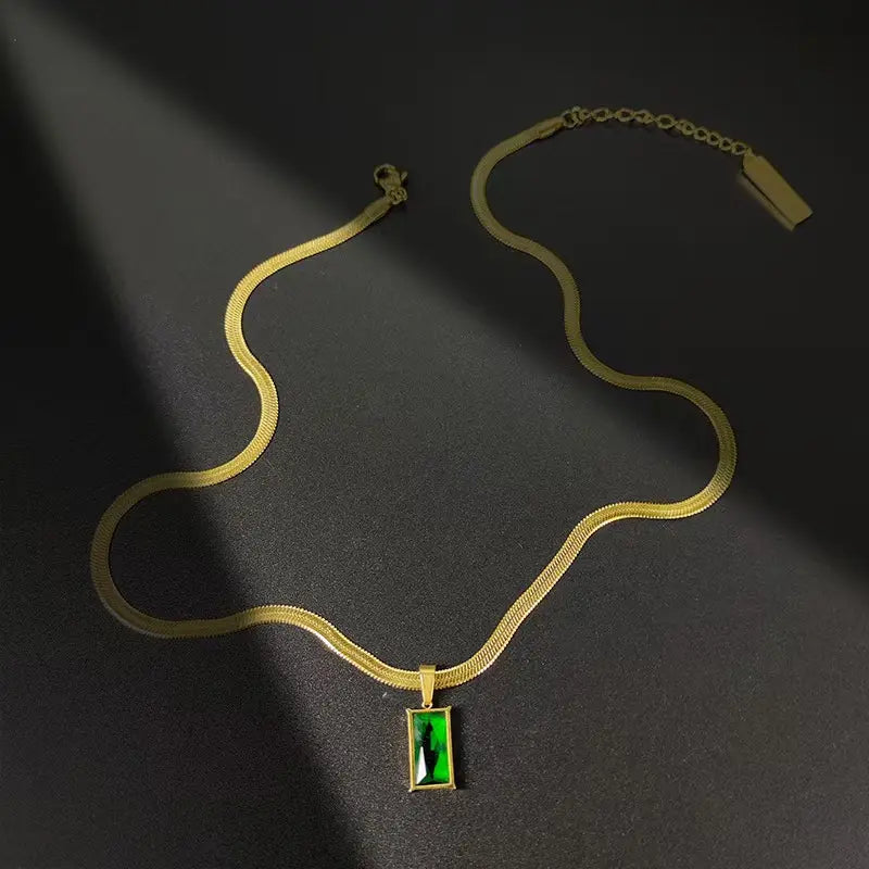 Green Cubic Zirconia CZ Flat Snake Chain Necklace - BlingVows - Best Imitation & Anti Tarnish Jewelry Wholesaler