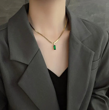 Green Cubic Zirconia CZ Flat Snake Chain Necklace - BlingVows - Best Imitation & Anti Tarnish Jewelry Wholesaler