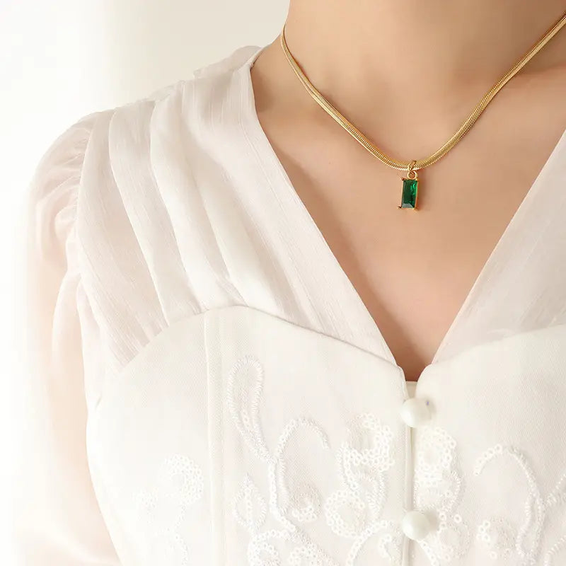 Green Cubic Zirconia CZ Flat Snake Chain Necklace - BlingVows - Best Imitation & Anti Tarnish Jewelry Wholesaler