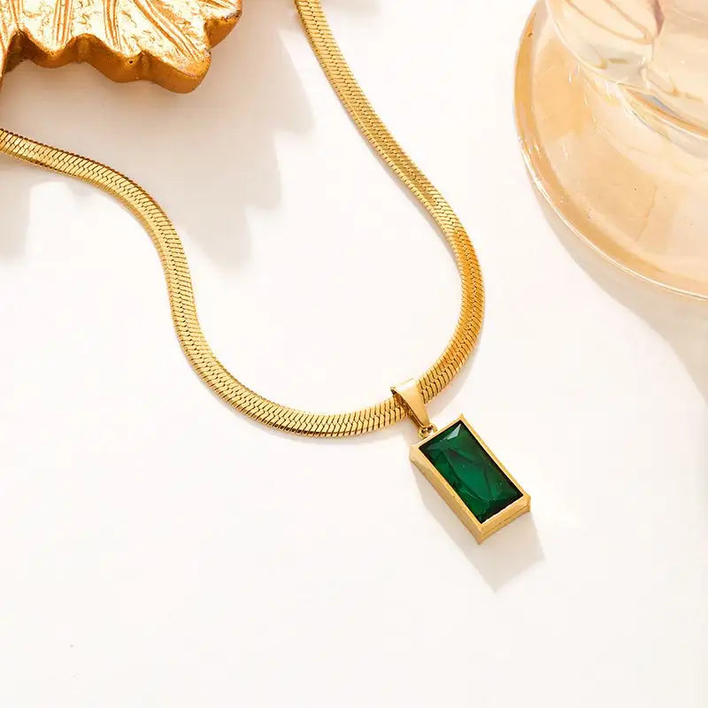Green Cubic Zirconia CZ Flat Snake Chain Necklace - BlingVows - Best Imitation & Anti Tarnish Jewelry Wholesaler