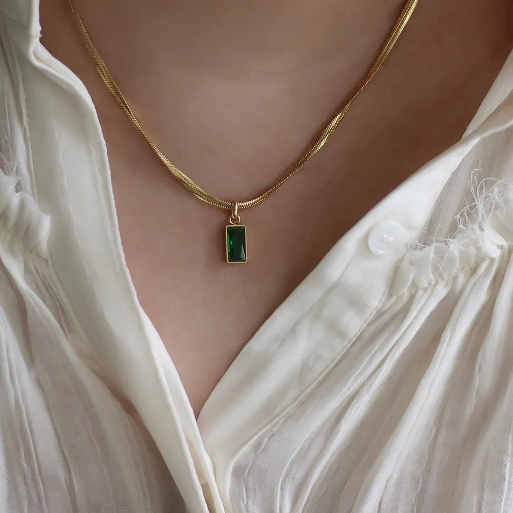 Green Cubic Zirconia CZ Flat Snake Chain Necklace - BlingVows - Best Imitation & Anti Tarnish Jewelry Wholesaler
