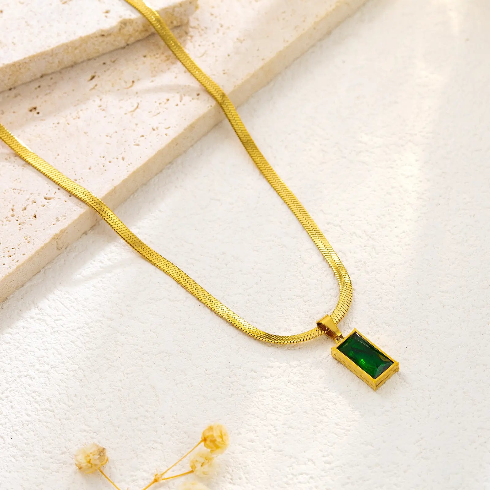 Green Cubic Zirconia CZ Flat Snake Chain Necklace - BlingVows - Best Imitation & Anti Tarnish Jewelry Wholesaler