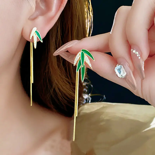 Green Leaf Bamboo Tassel Long Earrings - BlingVows - Best Imitation & Anti Tarnish Jewelry Wholesaler